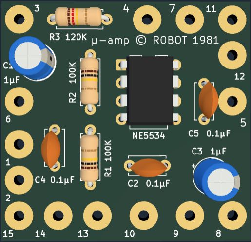 &mu;-Amp board with components installed